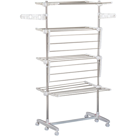 easycomfort easycomfort stendino verticale pieghevole in acciaio e plastica con 6 ruote e 4 ripiani regolabili 142x55x172 cm ean 8054144135915