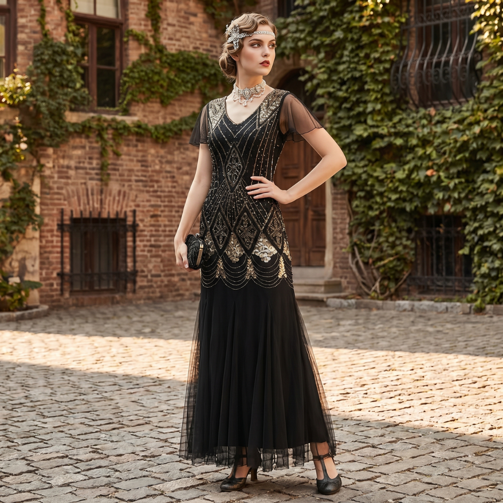 Haute Couture Black and Gold Long Gatsby Dress