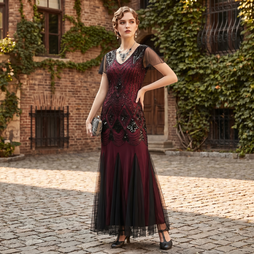 Haute Couture Long Gatsby Dress in Embroidery and Black