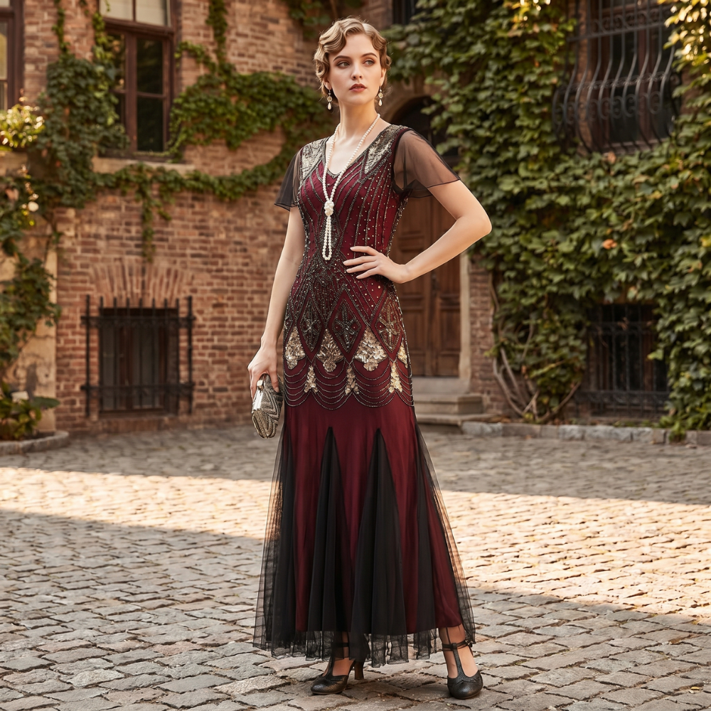 Haute Couture Burgundy Long Gatsby Dress