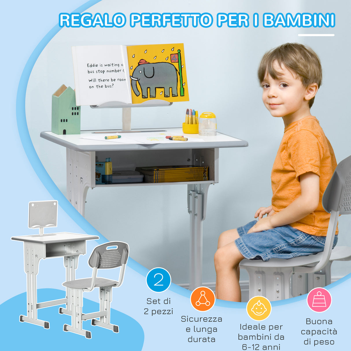 easycomfort easycomfort banco scuola con sedia ad altezza regolabile e luce per bambini 6 12 anni acciaio e mdf grigio