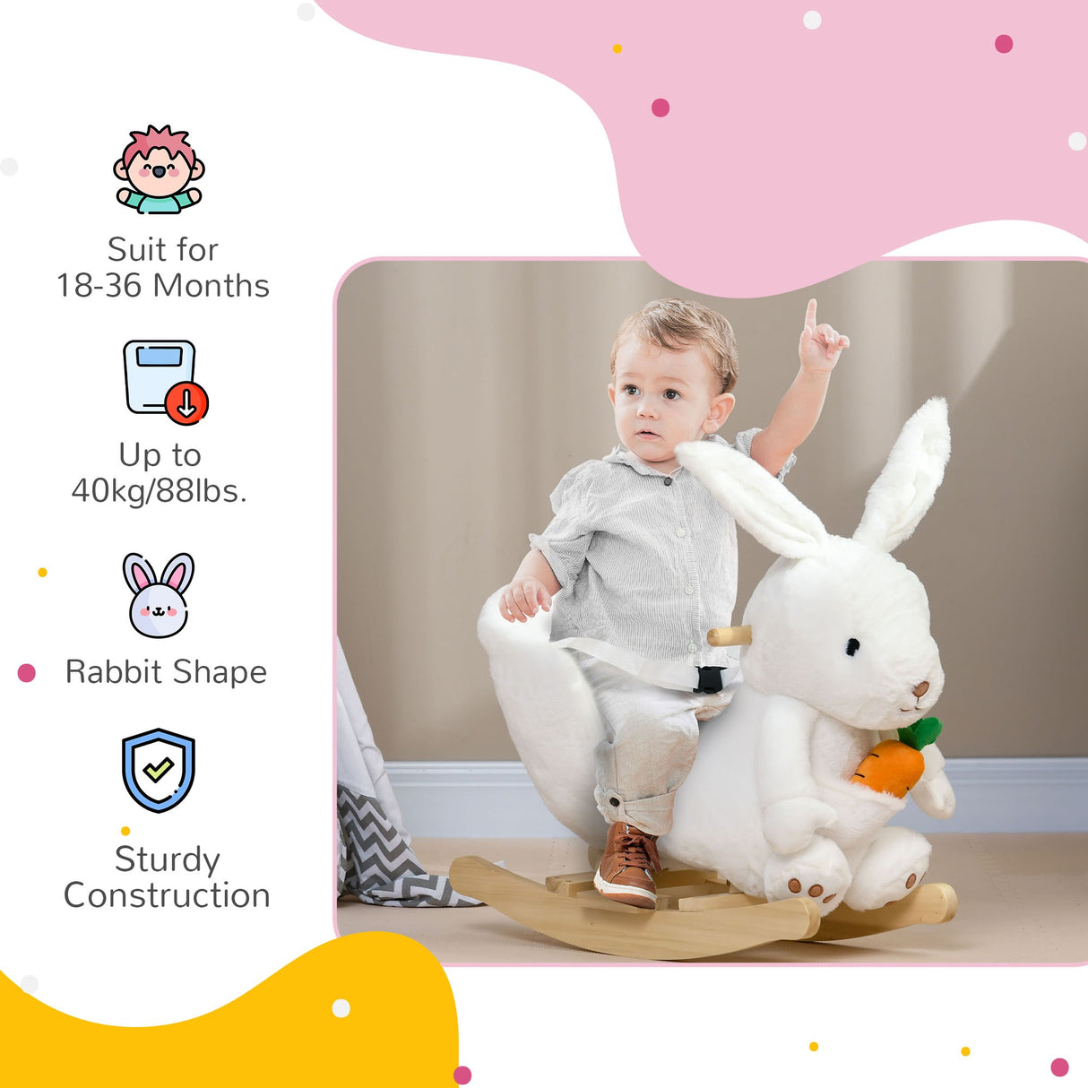 easycomfort easycomfort animale a dondolo a forma di coniglio con suoni e cintura di sicurezza 60x33x50 cm bianco