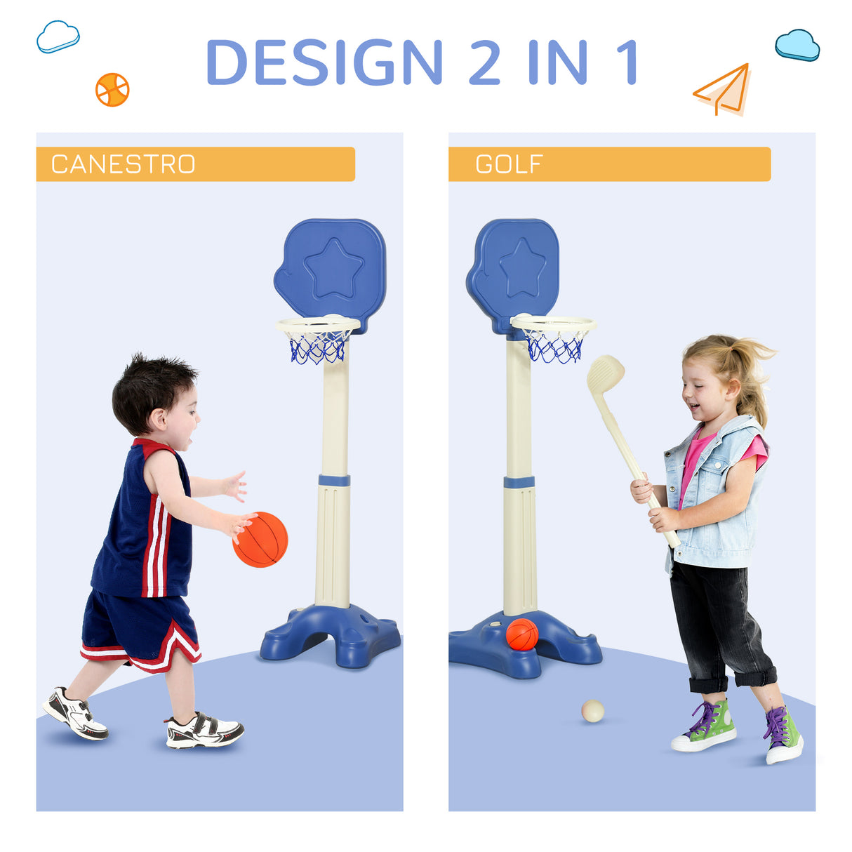 easycomfort easycomfort gioco 2 in 1 canestro per bambini con altezza regolabile e set golf eta 2 5 anni 46x41x116 153cm bianco e blu