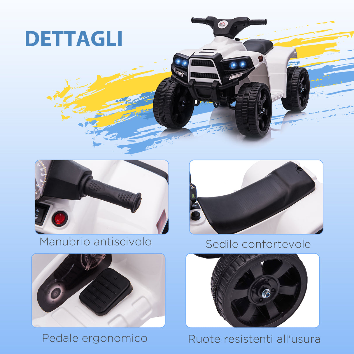 easycomfort easycomfort quad per bambini atv elettrico 6v con fari e clacson velocita 3kmh eta 18 36 mesi 65x40x43cm nero bianco