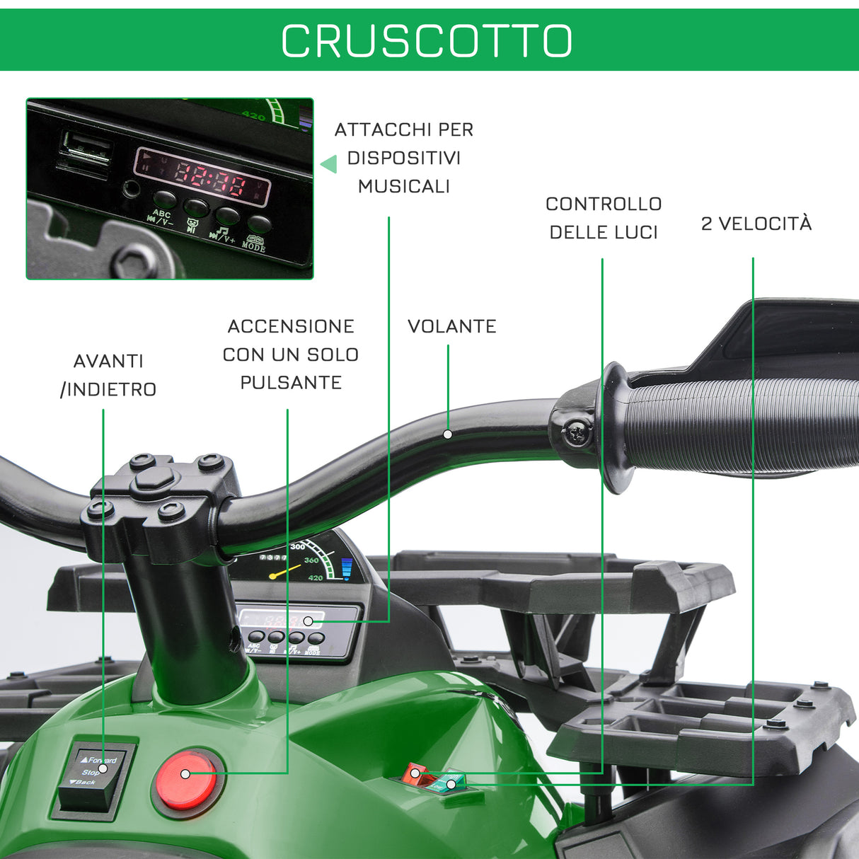 easycomfort easycomfort quad per bambini elettrico 12v con fari e batteria ricaricabile eta 3 5 anni 100x65x73cm verde