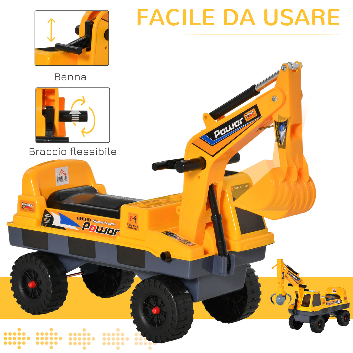 easycomfort easycomfort ruspa giocattolo 2 in 1 con escavatore e mordente vano nascosto gioco cavalcabile bambini 2 3 anni 90x28x58cm giallo