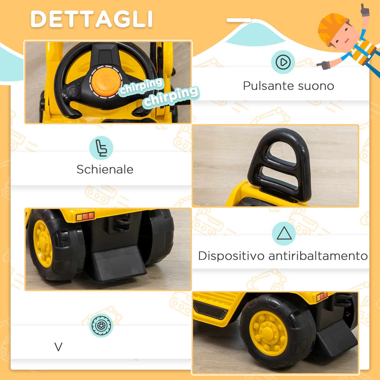easycomfort easycomfort escavatore per bambini 3 4 anni con pinza pulsante per suoni e spazio portaoggetti 83x27x39 cm giallo e nero