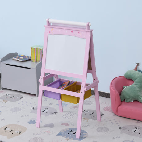 easycomfort easycomfort lavagnetta con cavalletto per bambini 3 in 1 e con rullo fogli di carta in legno rosa