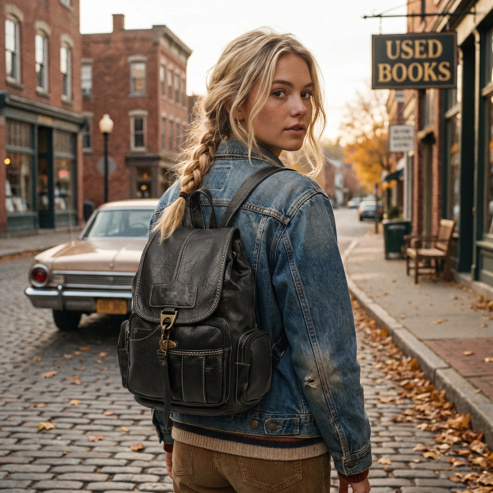 Vintage Black Leather Backpack