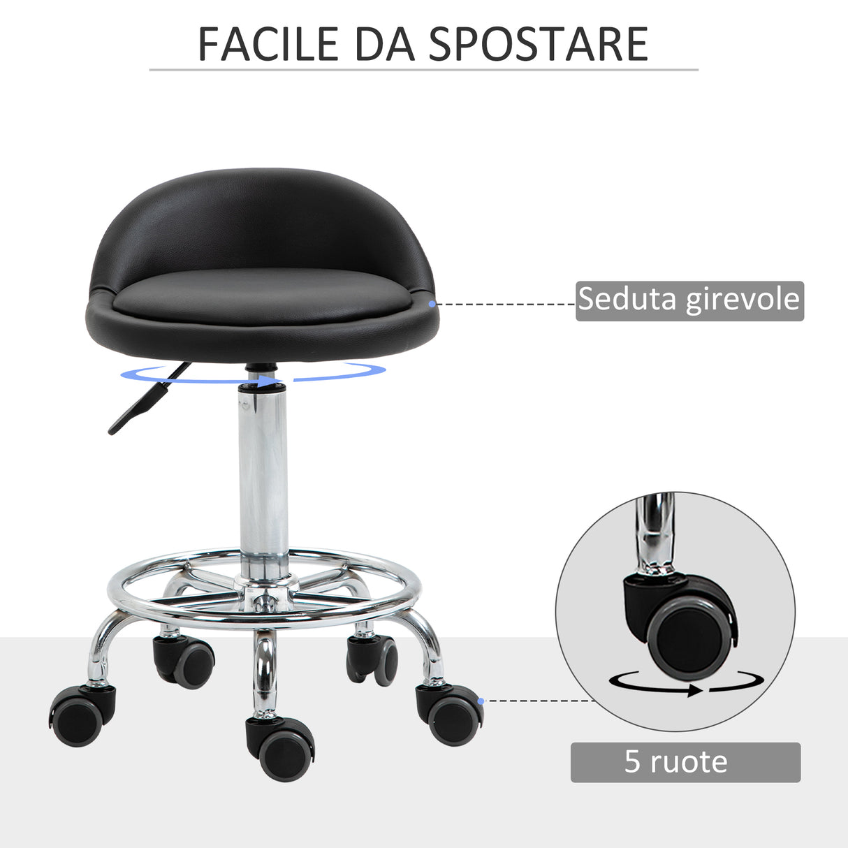 easycomfort easycomfort set 2 sgabelli girevoli con ruote altezza regolabile e rivestimento similpelle pu 38x38x57 72cm