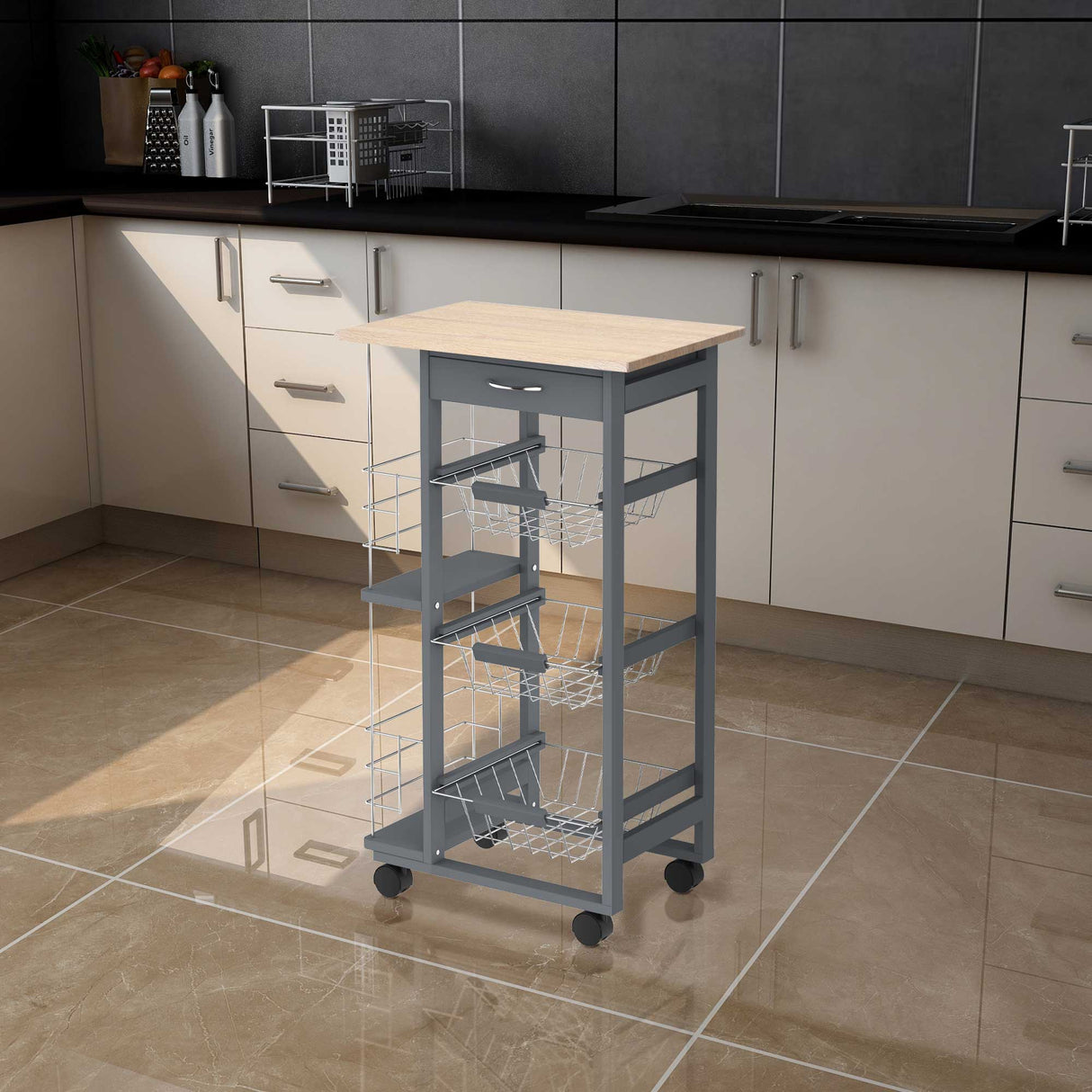 easycomfort easycomfort carrello da cucina con cassetti estraibili e 2 portabottiglie in legno di pino e metallo 47x37x83 cm