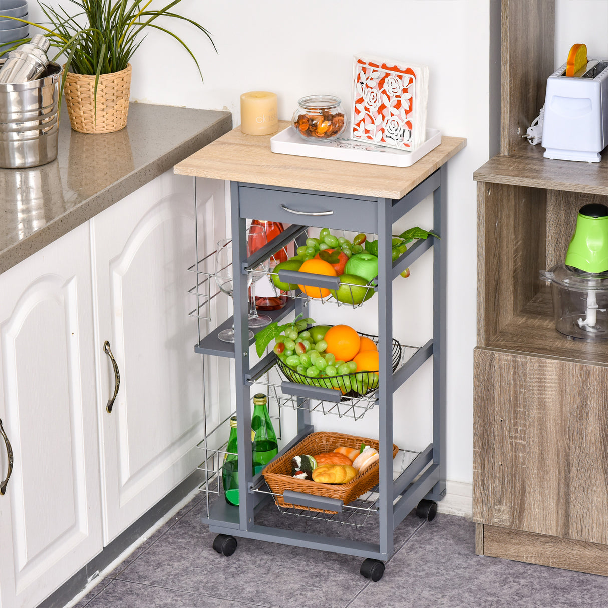 easycomfort easycomfort carrello da cucina con cassetti estraibili e 2 portabottiglie in legno di pino e metallo 47x37x83 cm