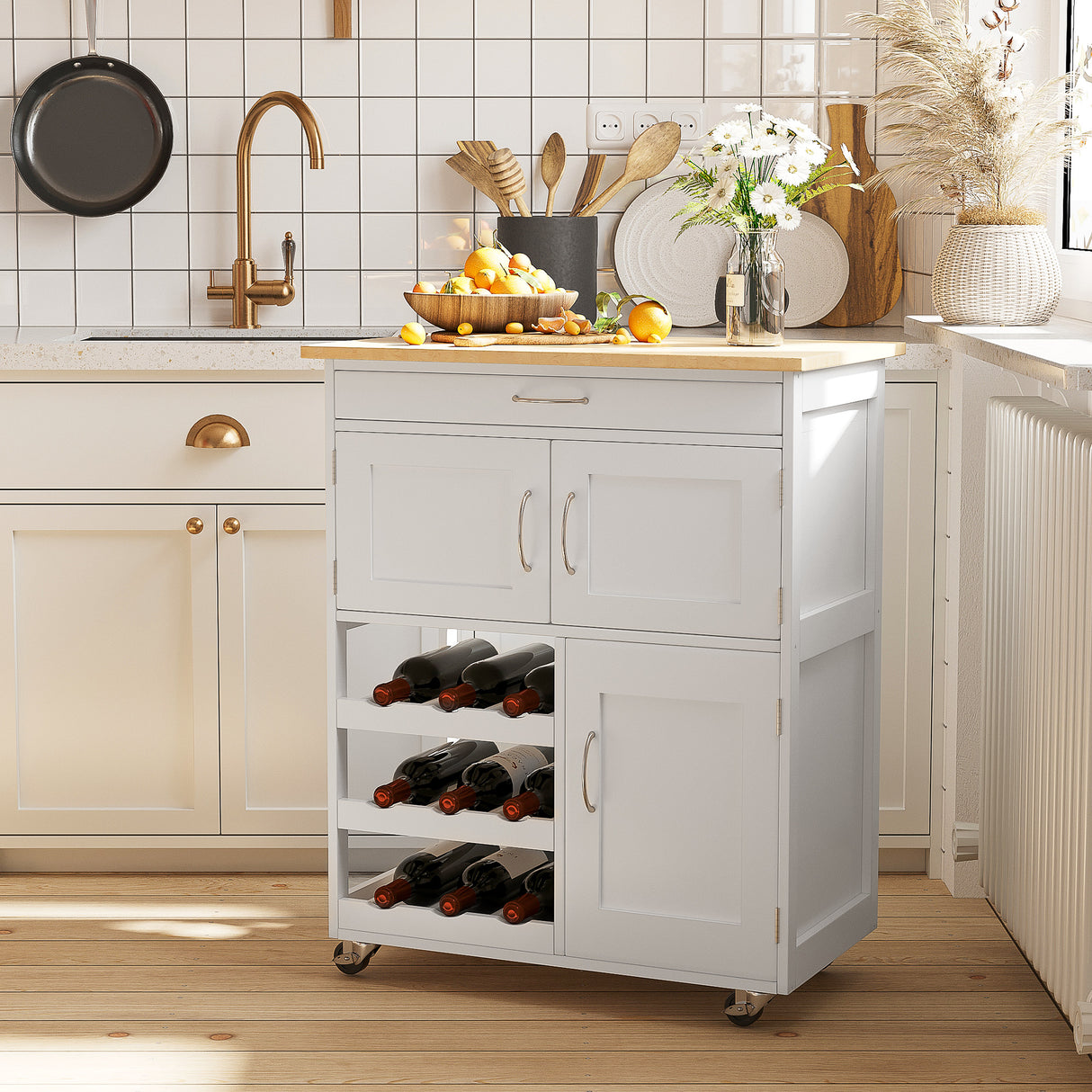 easycomfort easycomfort carrello portavivande carrellino per cucina in legno bianco con portabottiglie 1 cassetto e 3 antine 67x37x87cm