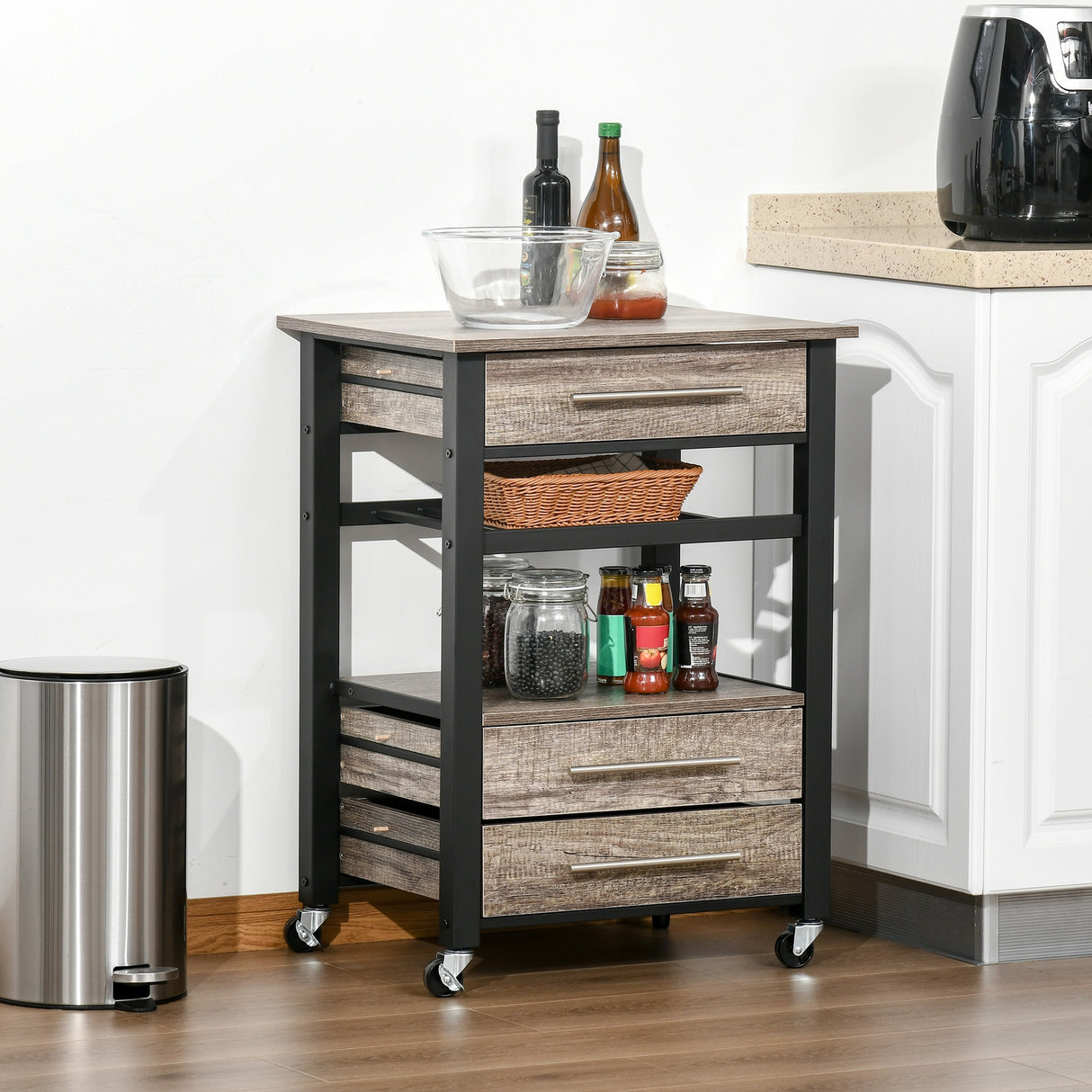 easycomfort easycomfort carrello da cucina portavivande con 3 cassetti e mensola mobiletto multiuso in legno truciolare 60x50x84 5cm quercia