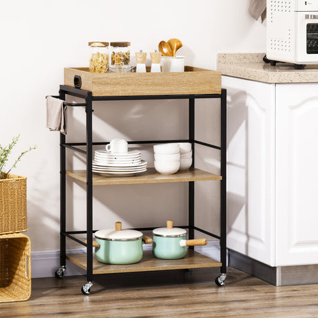 easycomfort easycomfort carrello da cucina a 3 ripiani con vassoio rimovibile e ruote girevoli 72x40x94cm legno e nero