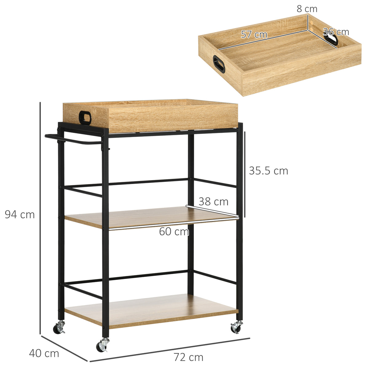 easycomfort easycomfort carrello da cucina a 3 ripiani con vassoio rimovibile e ruote girevoli 72x40x94cm legno e nero