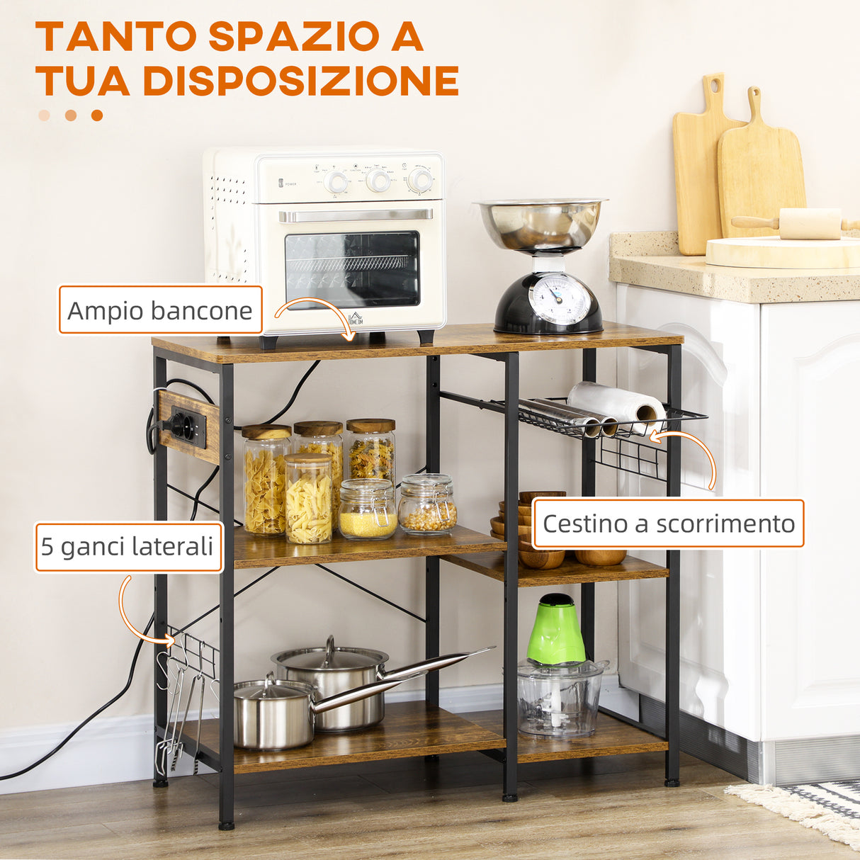 easycomfort easycomfort mobile da cucina a 3 ripiani in truciolato con presa di corrente porta usb e cestino 90x40x83cm