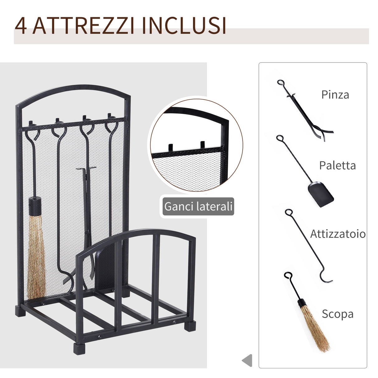 easycomfort portalegna da interno ed esterno in metallo con ganci e 4 attrezzi per camino inclusi nero