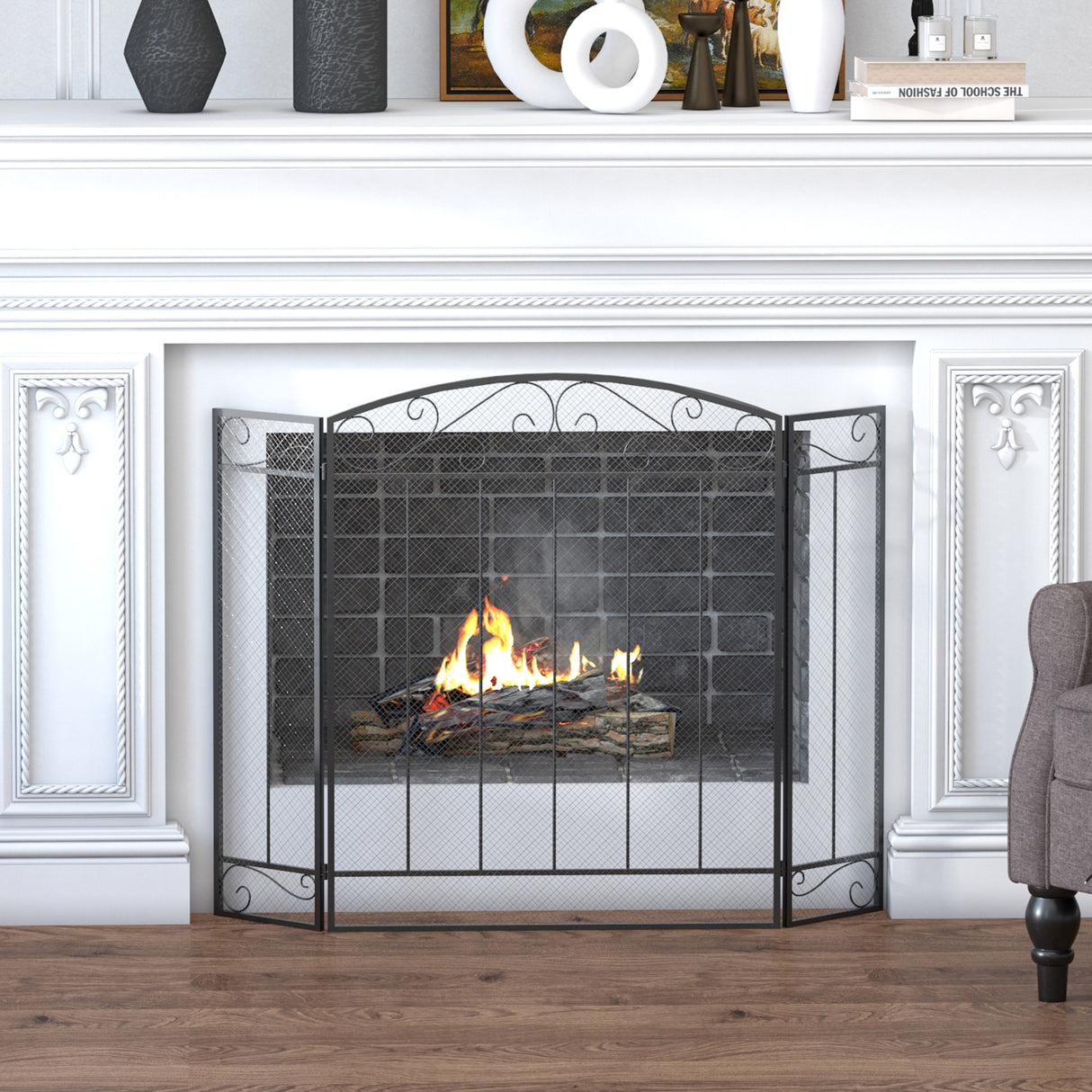 easycomfort parascintille caminetto con 3 pannelli pieghevoli   nero