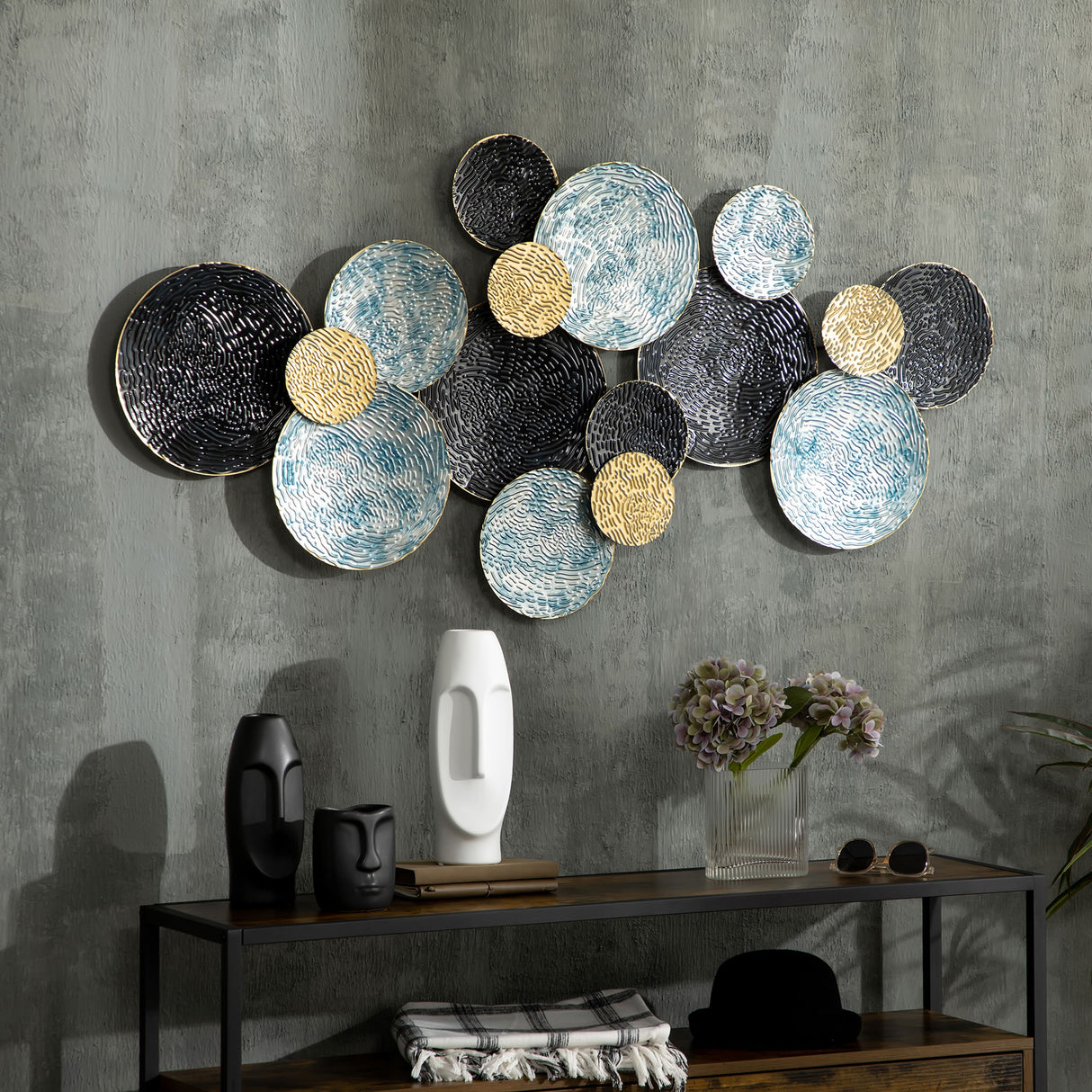 easycomfort easycomfort decorazione murale in metallo 3d wall art a cerchi 133x66cm blu nero e oro
