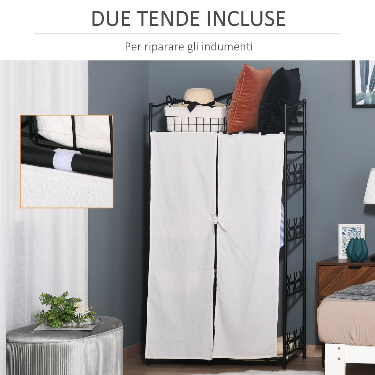 easycomfort easycomfort armadio guardaroba appendiabiti con 5 ripiani e 2 tende 84 x 42 x 158 5cm in metallo nero con decori a fiori ean 8054144139487