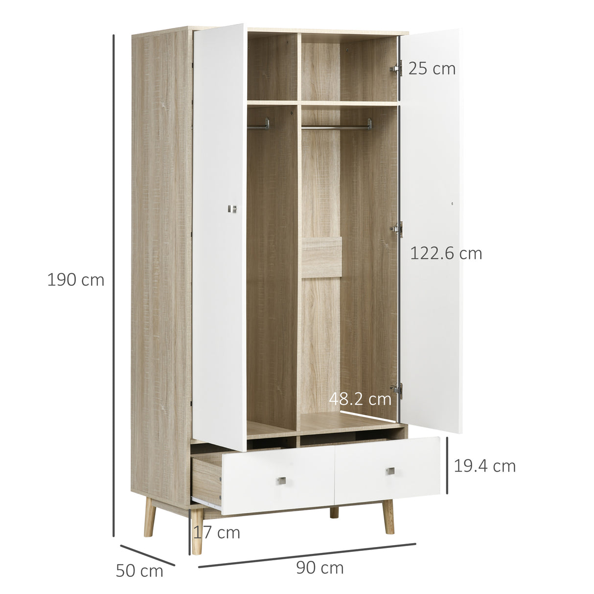 easycomfort easycomfort armadio 2 ante in legno con 4 vani 2 cassetti e appendiabiti color legno e bianco 90x50x190cm