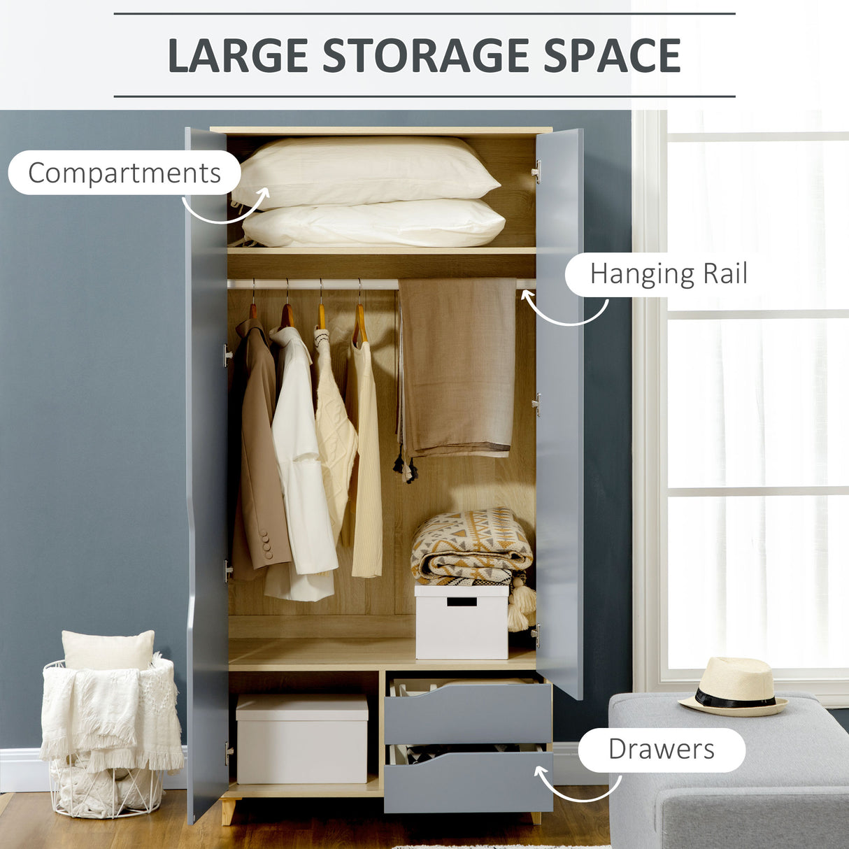 easycomfort easycomfort guardaroba a 2 ante in truciolato e mdf con 3 ripiani e 2 cassetti 88 9x50 1x184 5 cm