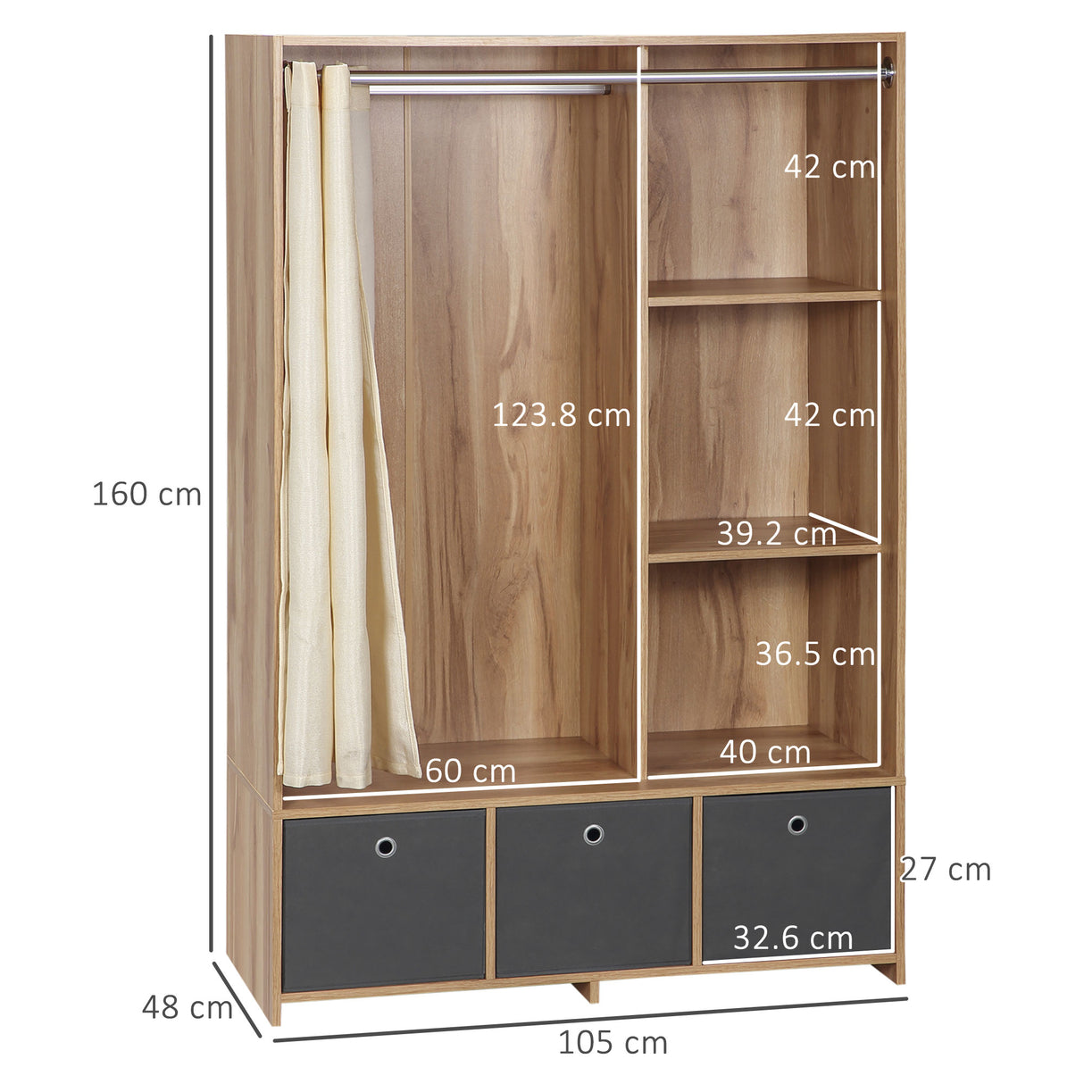 easycomfort easycomfort armadio guardaroba in truciolato con guida per appendere 3 cassetti in poliestere e 3 ripiani 105x48x160 cm