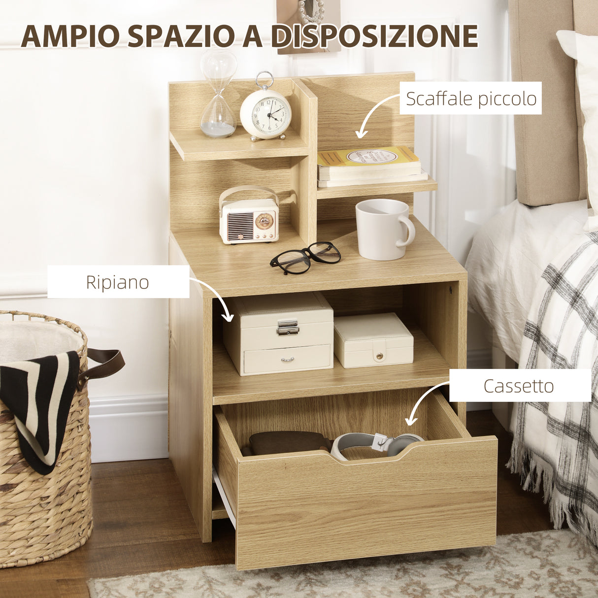easycomfort easycomfort comodino con 2 ripiani aperti e cassetto in truciolato per camera da letto e salotto 45x35x73 cm