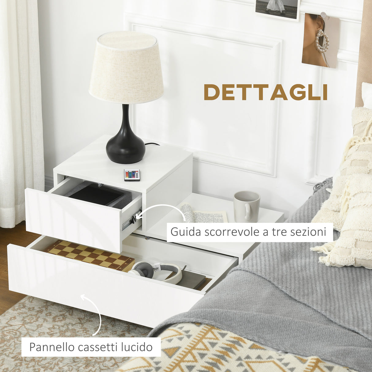 easycomfort easycomfort comodino moderno con 16 luci led rgb telecomando e due cassetti in truciolato 70x37x38cm bianco
