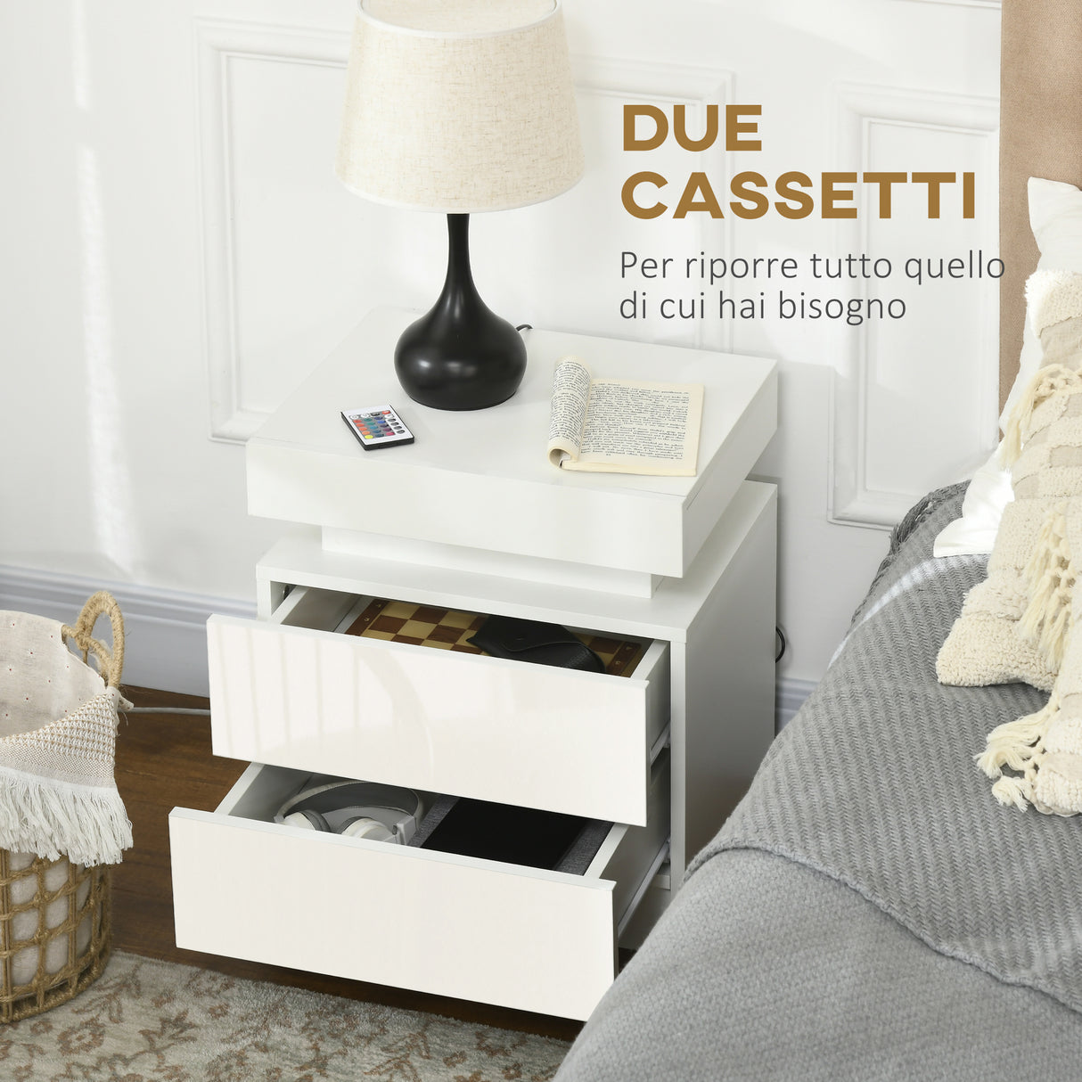 easycomfort easycomfort comodino con luce led rgb e 2 cassetti 4 modalita di luce e 16 colori 45x35x52cm bianco