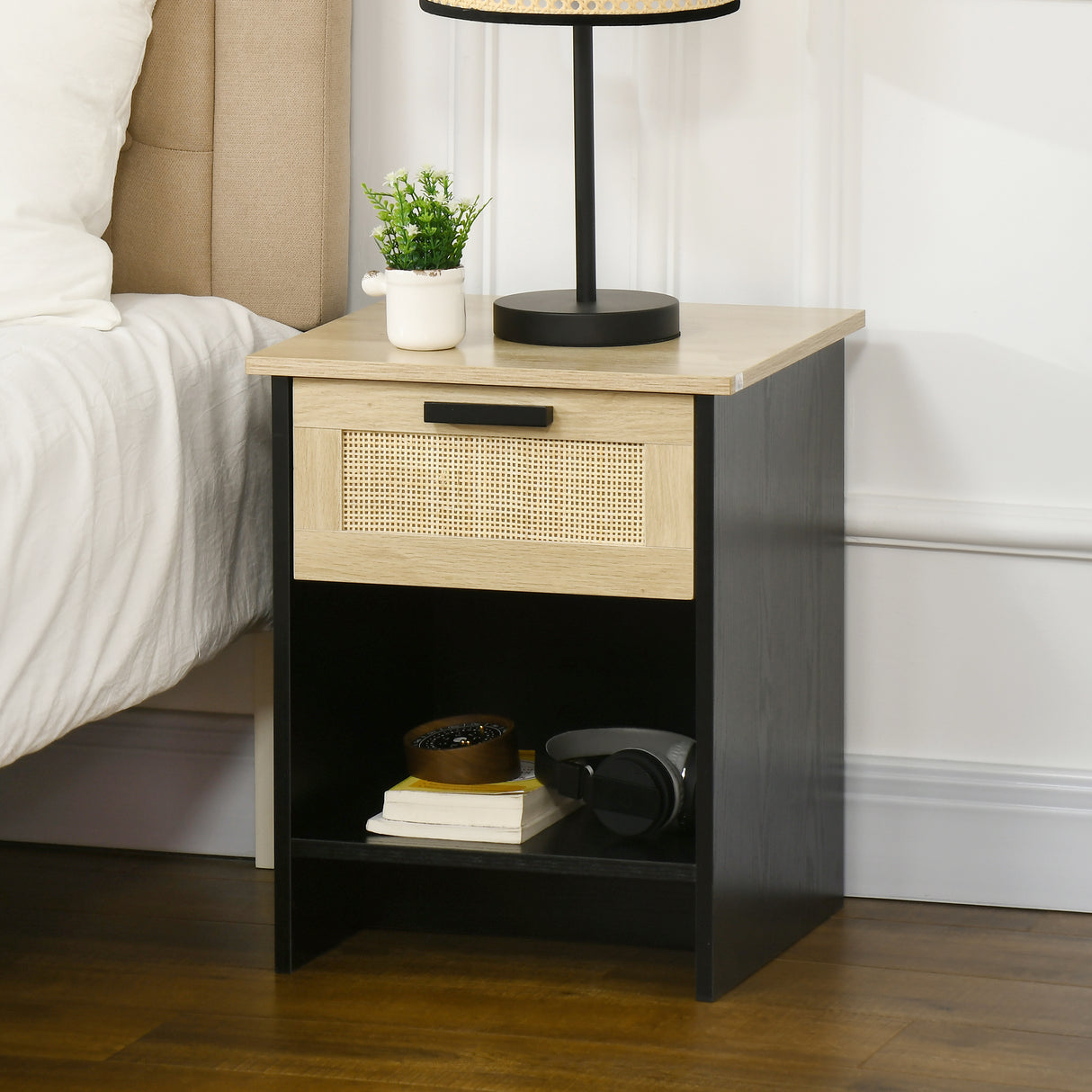 easycomfort easycomfort comodino stile boho chic in legno e rattan con cassetto e ripiano 40x40x50cm nero e naturale