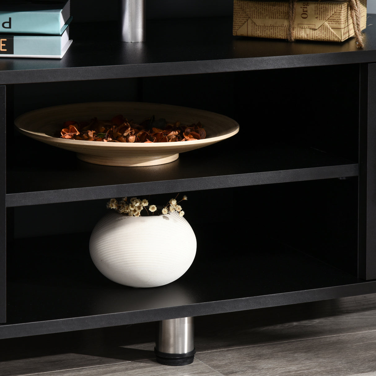 easycomfort easycomfort mobile porta tv classico da soggiorno con 2 ripiani e 2 armadietti in mdf e acciaio inox nero 120x39 5x52cm ean 8055776910765