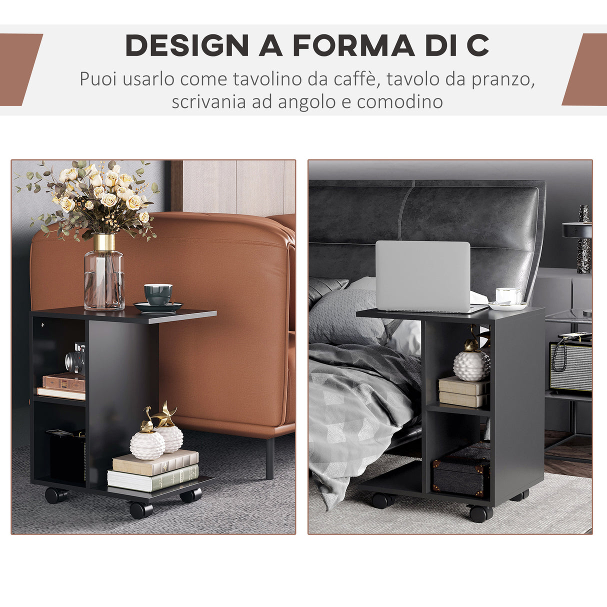 easycomfort easycomfort tavolino da salotto a c con 2 ripiani aperti e 4 ruote girevoli 45x35x58 cm nero