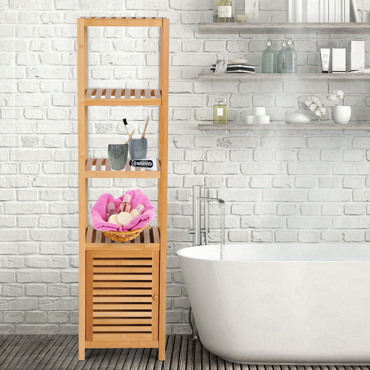 easycomfort easycomfort mobile alto bagnoterrazzo scaffale a torre in bambu 4 ripiani armadietto con anta 36x33x140cm color legno ean 8054111845311