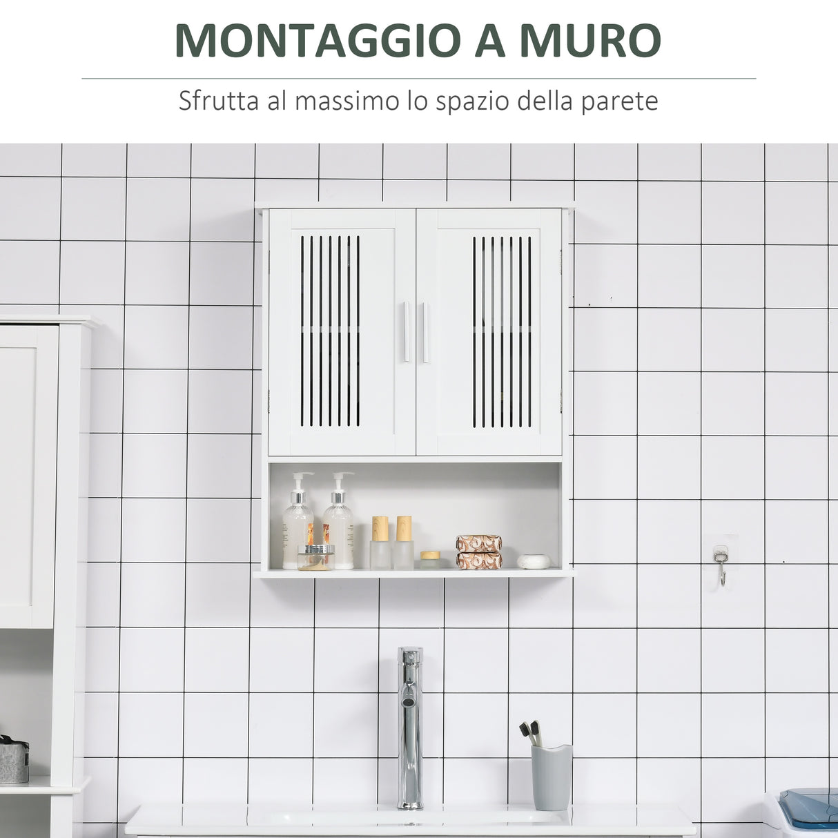 easycomfort easycomfort mobiletto da bagno a muro salvaspazio con armadietto e ripiano 60x20x70 cm bianco