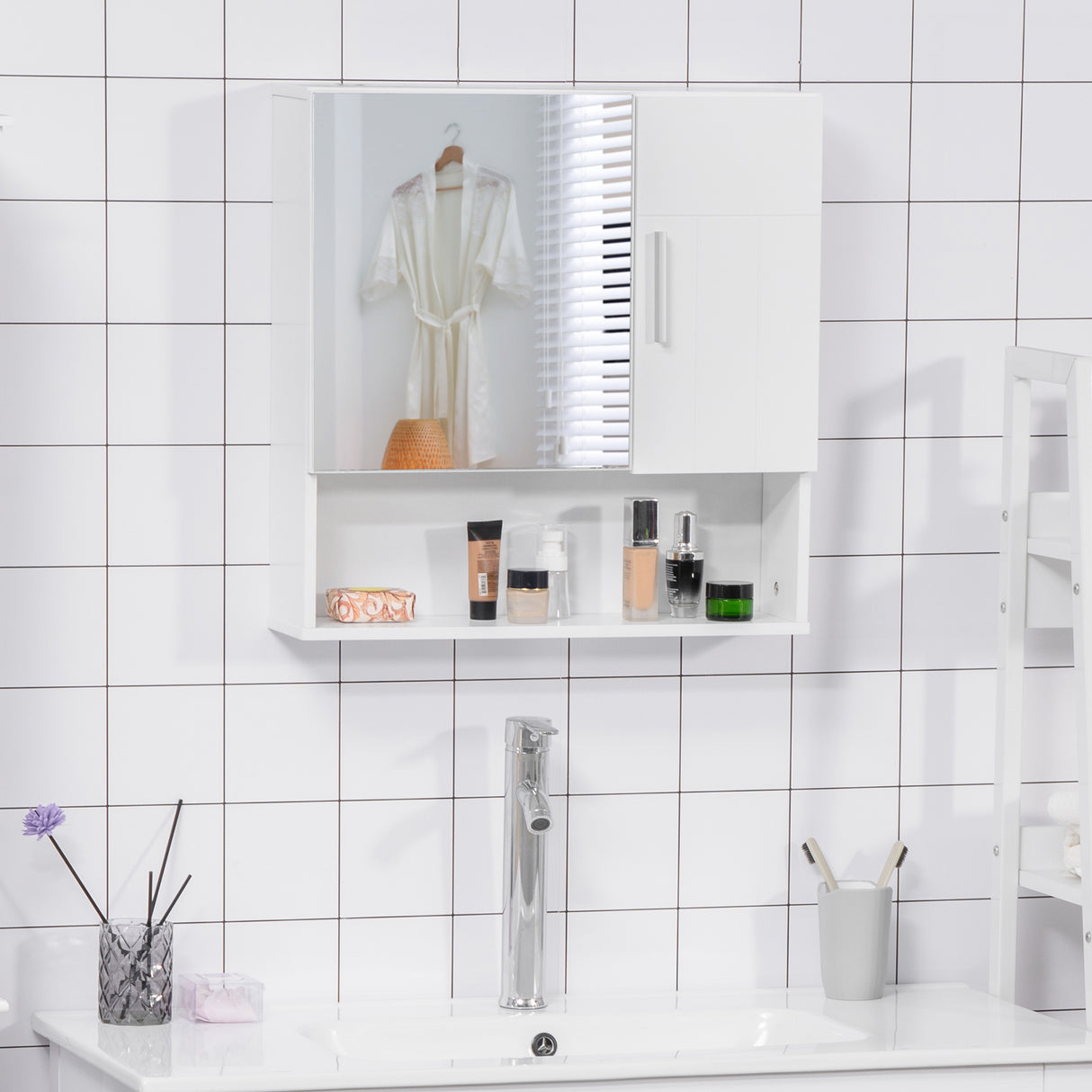 easycomfort easycomfort specchiera bagno in legno a 2 ante e ripiano aperto 54x15 2x55 3cm bianco