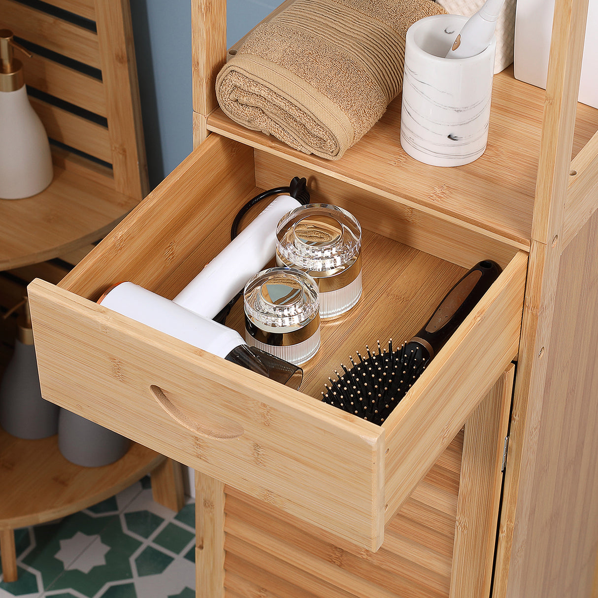 easycomfort easycomfort mobile bagno alto in bambu con 3 ripiani aperti un cassetto e un armadietto 32x30x163 cm color legno