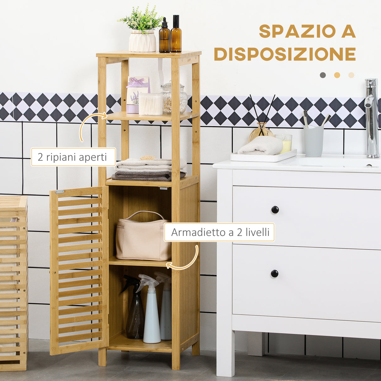 easycomfort easycomfort armadietto bagno in bambu con 2 ripiani aperti e armadietto a 2 livelli 32 9x29 9x120 cm