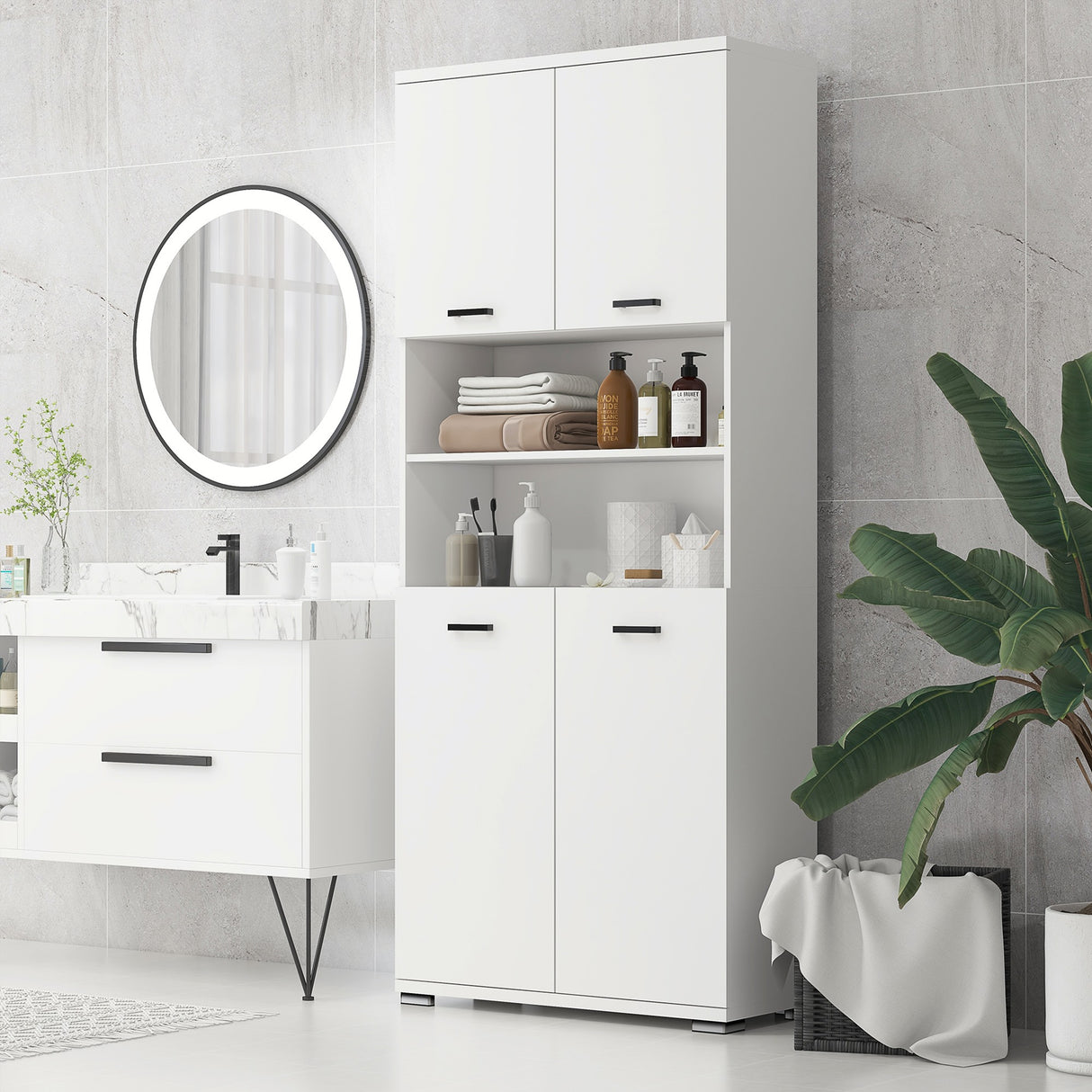 easycomfort easycomfort mobile bagno in truciolato bianco con 2 armadietti con ante e 2 ripiani aperti 80x33 5x190 cm