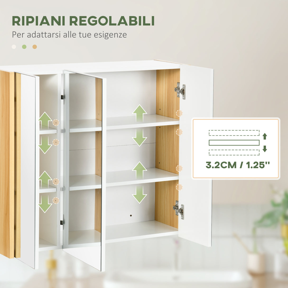 easycomfort easycomfort armadietto specchiera bagno a 3 ante con mensole regolabili 68x22x60cm bianco