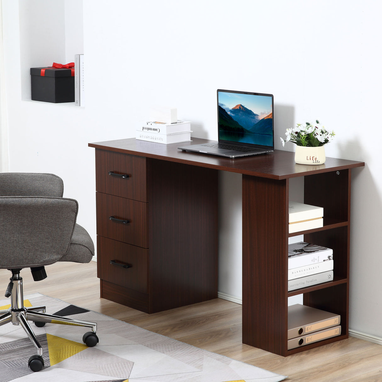 easycomfort easycomfort scrivania ufficio con 3 cassetti e 3 ripiani reversibili in legno 120x49x72cm noce