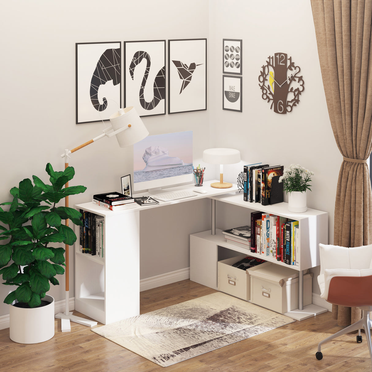 easycomfort easycomfort scrivania moderna angolare e girevole con libreria tavolo da pranzo in truciolato bianco 140x120x78 cm ean 8054144130217