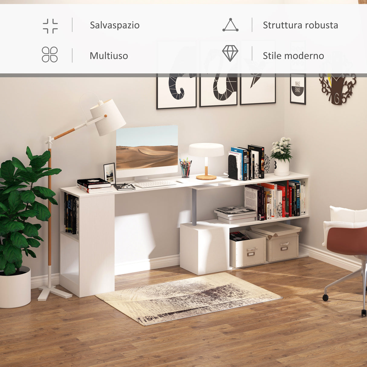 easycomfort easycomfort scrivania moderna angolare e girevole con libreria tavolo da pranzo in truciolato bianco 140x120x78 cm ean 8054144130217