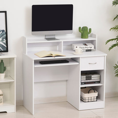 easycomfort easycomfort scrivania per computer compatta scrivania pc fisso in legno bianco con ripiano tastiera estraibile e mensole 104x48x95 5cm ean 8054144130675