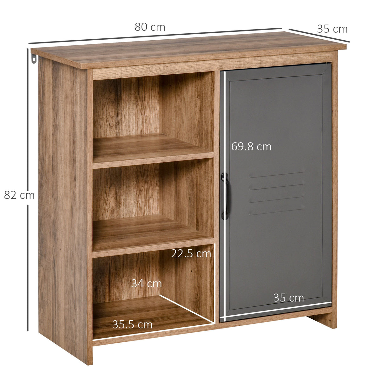 easycomfort easycomfort mobiletto multiuso con ripiani e armadietto in legno con anta in metallo mobile per soggiorno e cucina 80x35x82cm marrone grigio