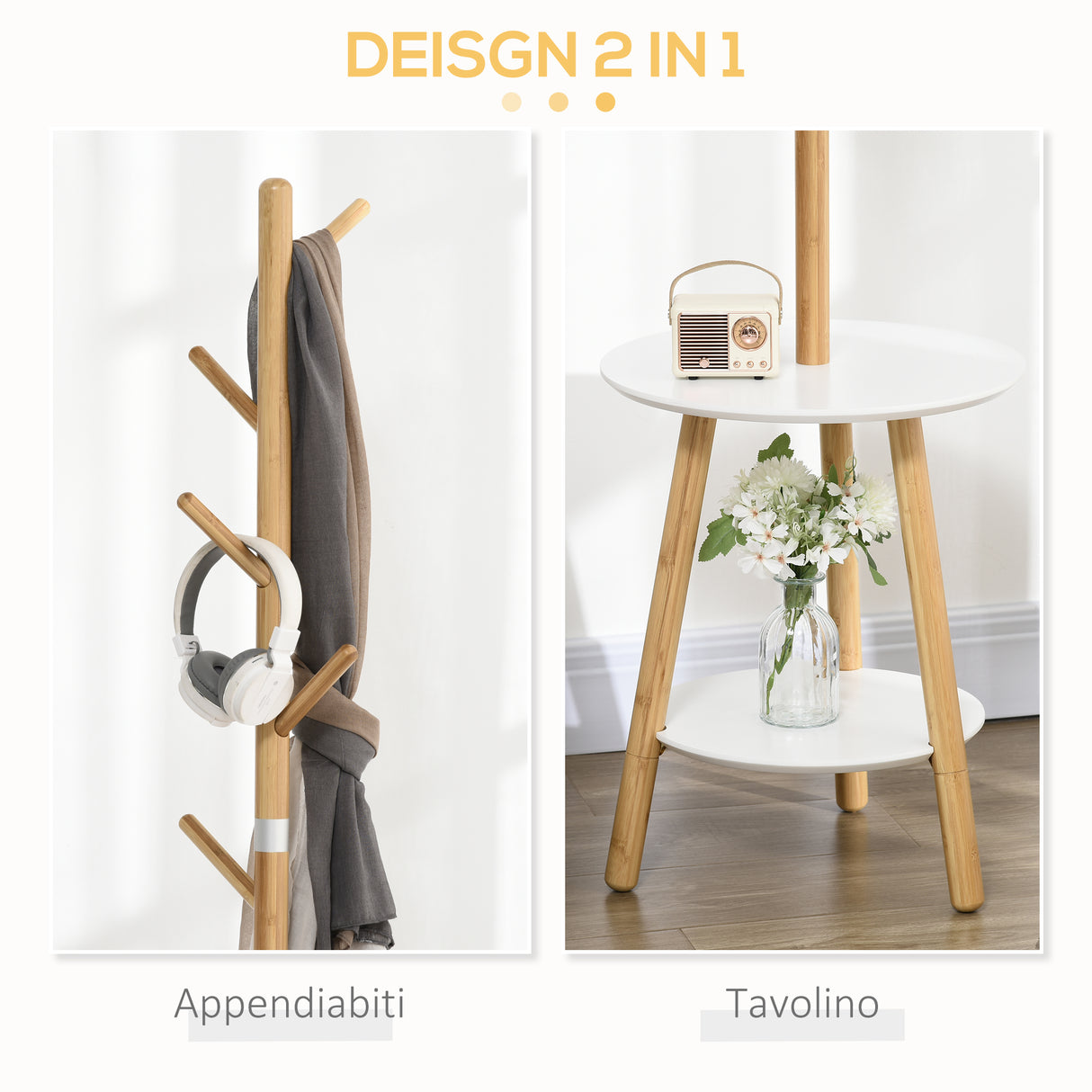 easycomfort easycomfort appendiabiti da terra per ingresso in mdf e alluminio con 5 ganci in bambu e tavolino rotondo 39 5x39 5x171 cm