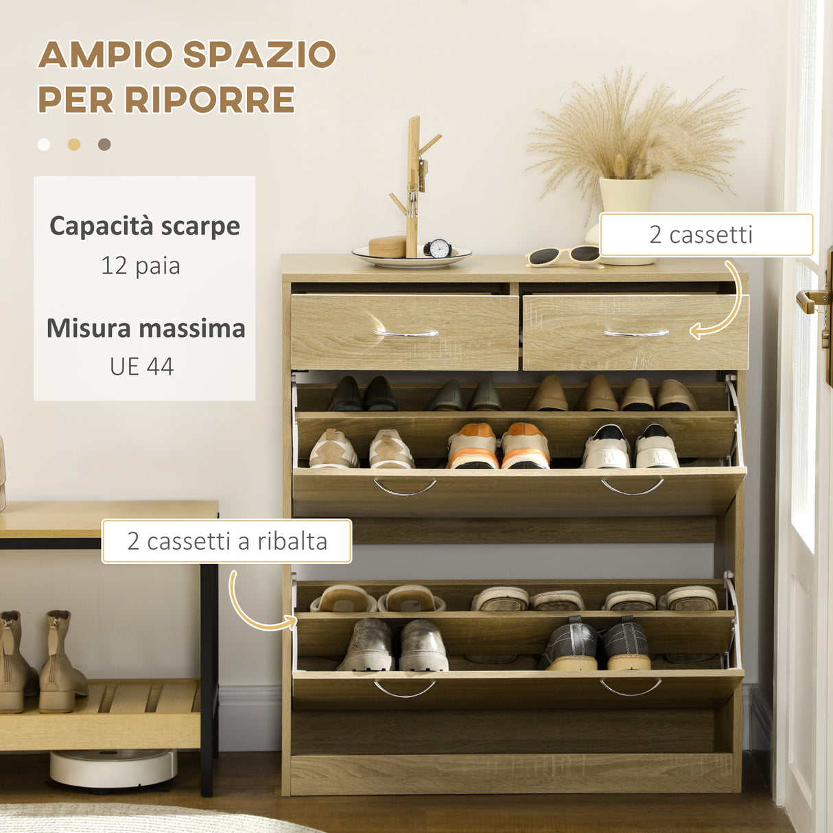 easycomfort easycomfort mobile scarpiera in truciolato con 2 ripiani interni regolabili e 2 cassetti 80x30x91 5 cm