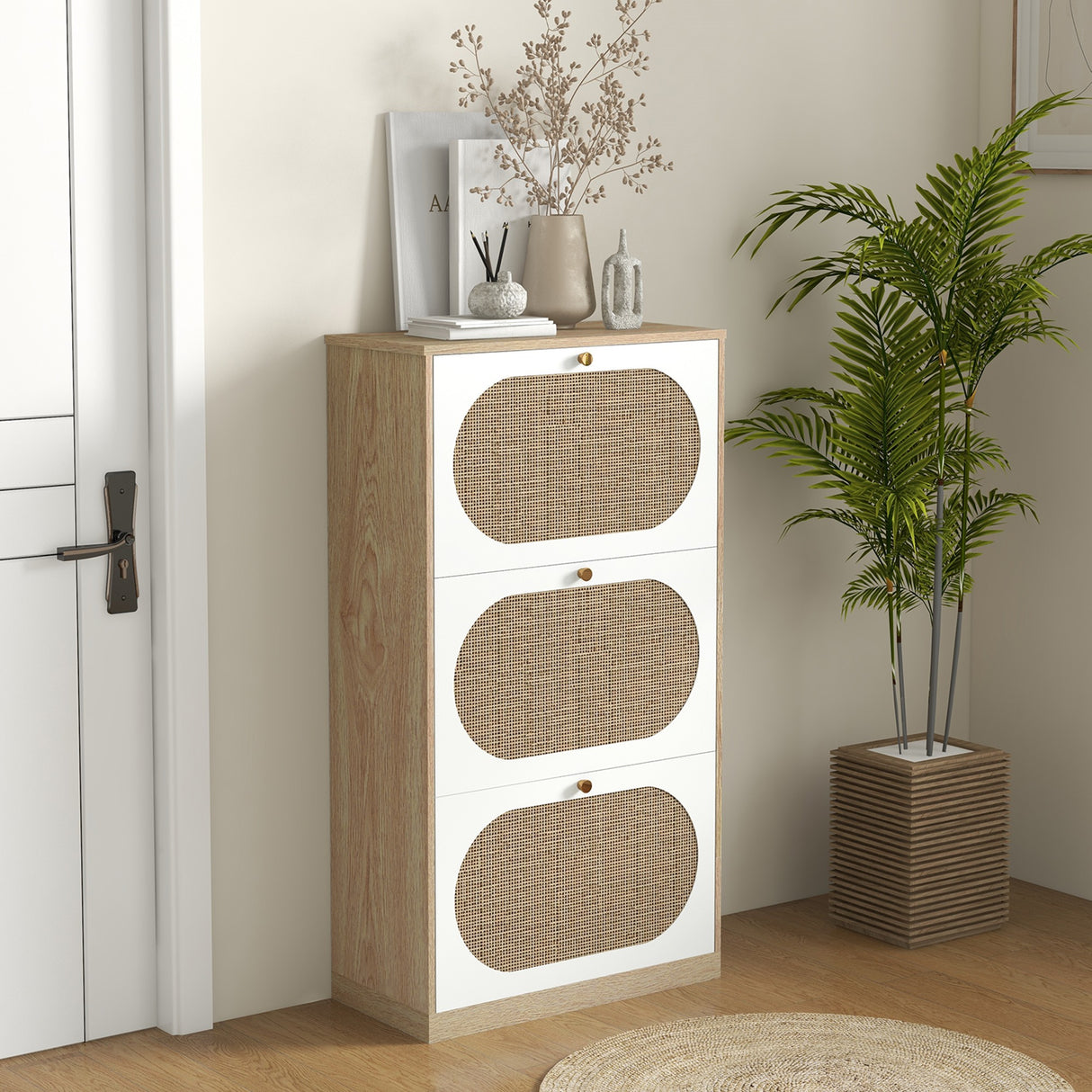 easycomfort easycomfort scarpiera stile boho in rattan truciolato e mdf con 3 ripiani regolabili per 18 paia max 60x24x115 cm