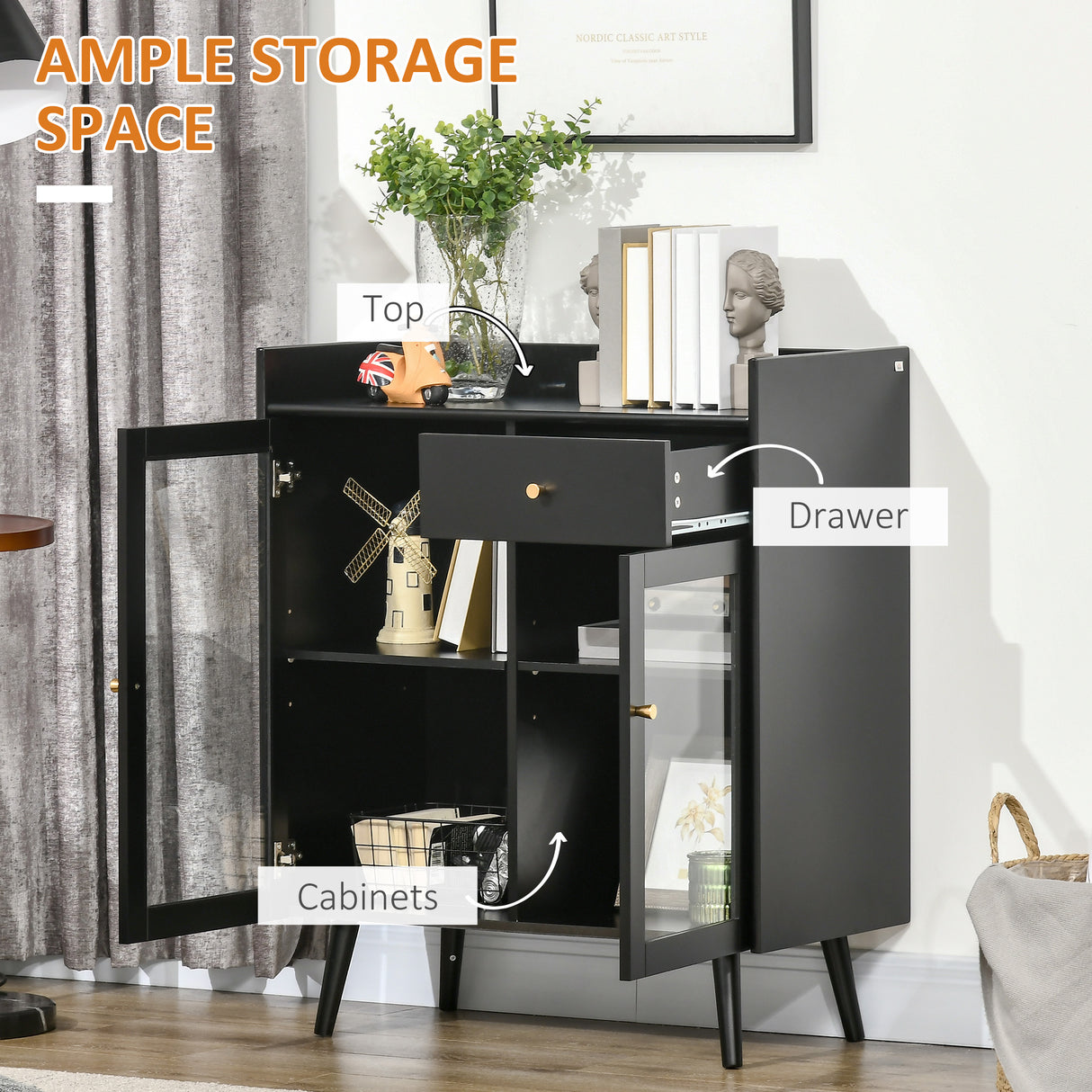 easycomfort easycomfort armadietto due ante con ripiano regolabile e spazi aperti in mdf e legno 80x40x94 3 cm nero